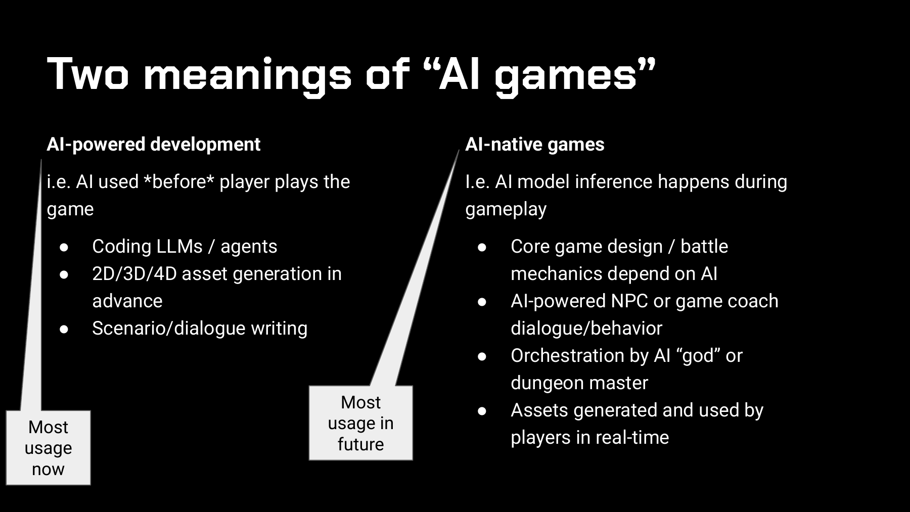 Jerry Chi氏は、開発中に使うAIと、プレイ中に推論するAIを分けて整理する。