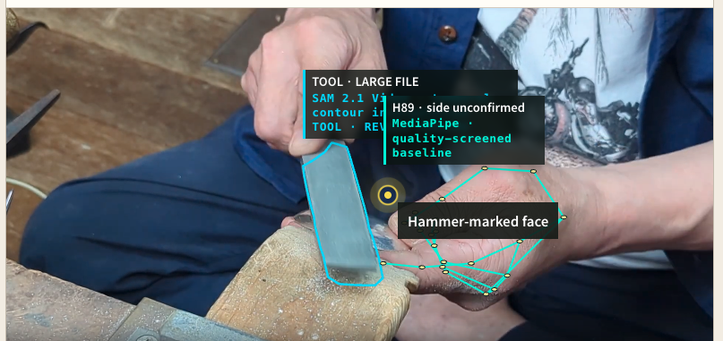 A craftsperson filing a workpiece, with retained model overlays identifying the tool and hand landmarks.